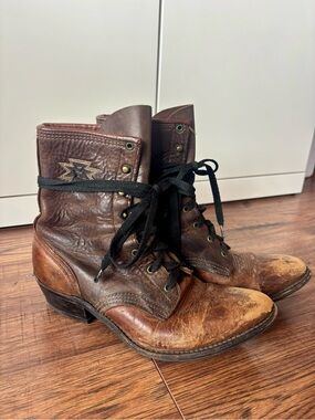 Vintage Abilene Brown Leather Packer Lace-Up Western Boots Women’s 8M